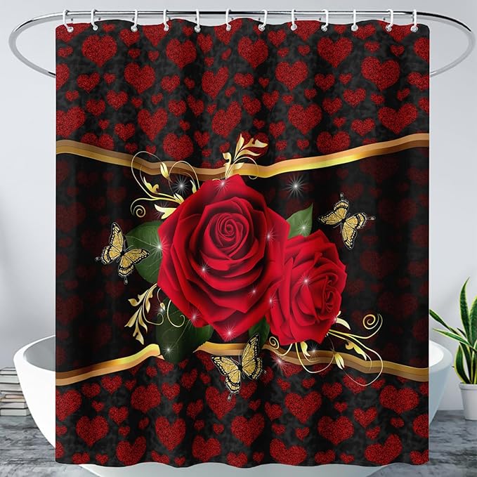 AILONEN Red Rose Shower Curtain for Bathroom, Romantic Flower Rose 3D Printed Valentine Wedding Bathroom Decor Hearts Curtain,60" W*72" H Polyester Waterproof Bath Curtain with 12 Hooks