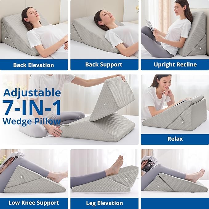 Sasttie Wedge Pillow for Sleep Apnea, 12 Inch Bed Wedge Pillow for Back Pain Relief, Adjustable Memory Foam Pillow Wedges for Sleeping Acid Reflux, Shoulder Pain Relief and Snoring, Light Grey