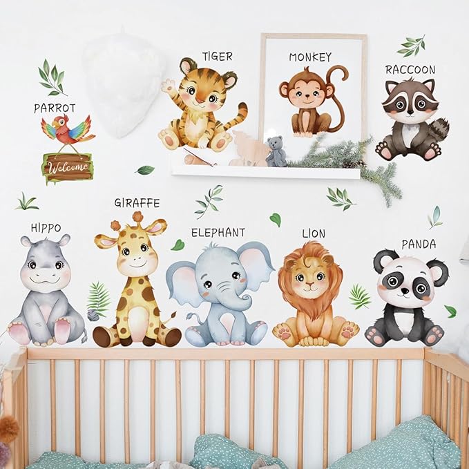 Baby Animal Wall Stickers Panda Lion Giraffe Wall Decals Premium Vinyl Jungle Animal Wall Decals for Nursery Living Room TV Sofa Background Bedroom Kids Room