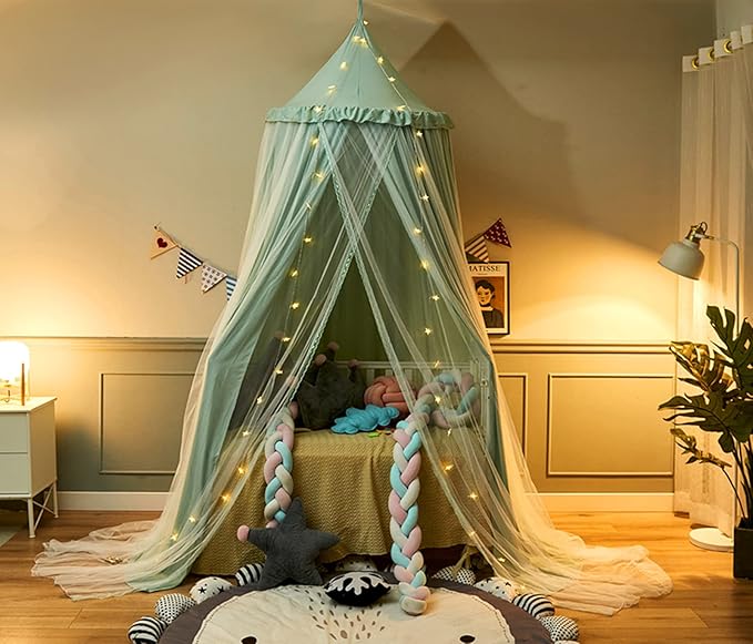 VETHIN Bed Canopy for Kids with Lights,Double Layer Princess Round Dome Children Dreamy Mosquito Net Bedding Girls Room Castle Play Tent Hanging House Decor Reading Nook Canopies(Green/White)