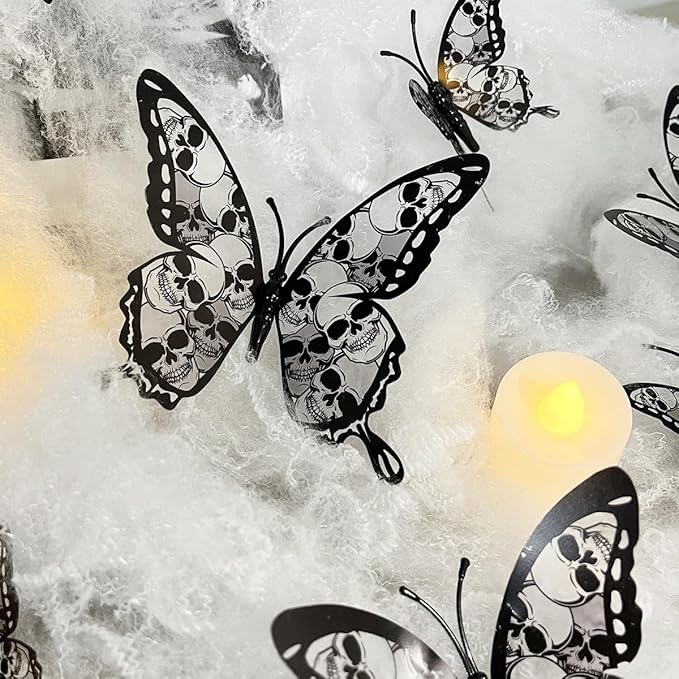 Halloween Wall Decor 3D Skull Butterfly Wall Stickers Halloween Decorations Black Skeleton Butterfly Wall Decals Removable Skull Stickers for Gothic Home Decor Bedroom Room Window Supplies 12Pcs