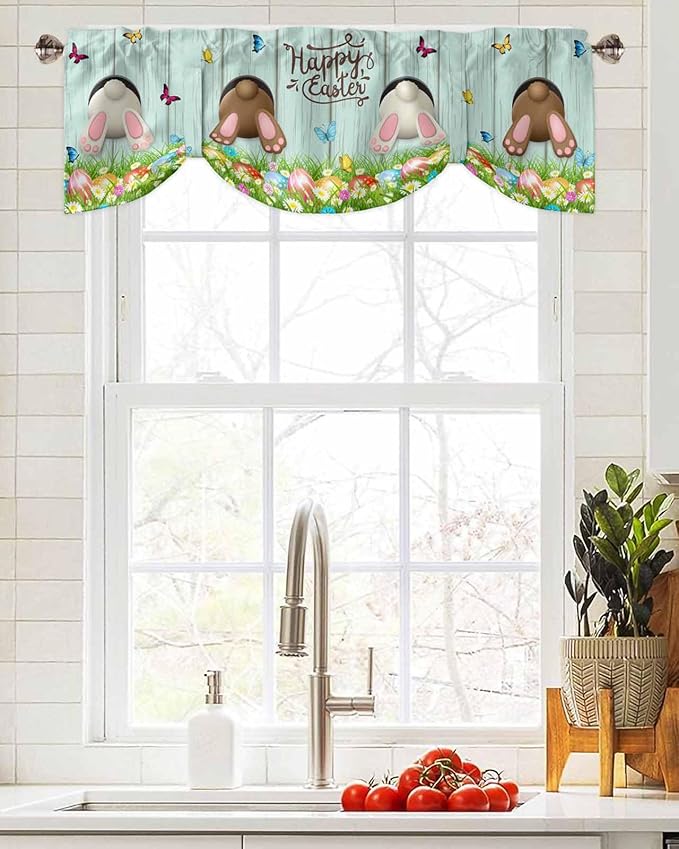 Spring Easter Blackout Tie Up Valance Curtains for Kitchen Windows Funny Bunny Tails Rabbit Window Toppers Balloon Shades for Living Room/Bathroom/Bedroom,1 Panel, 42" X 18",Floral Farmhouse