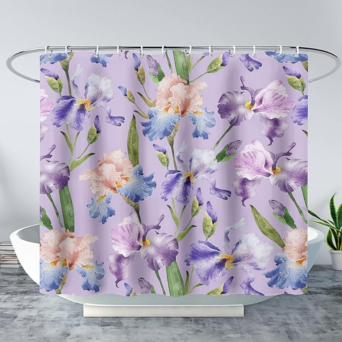 AILONEN Floral Shower Curtain, Pretty Purple Iris Pattern Shower Curtain Set for Girls Boys Teens Kids,Fantasy Vintage Flower Fabric Shower Curtains for Bathroom,72" W*84" H