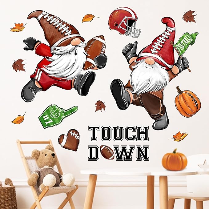 Mfault Fall Football Gnome Wall Decals Stickers, Autumn Sport Game Touch Down Decorations Bedroom Art, Rugby Pumpkin Helmet Home Kitchen Living Room Decor