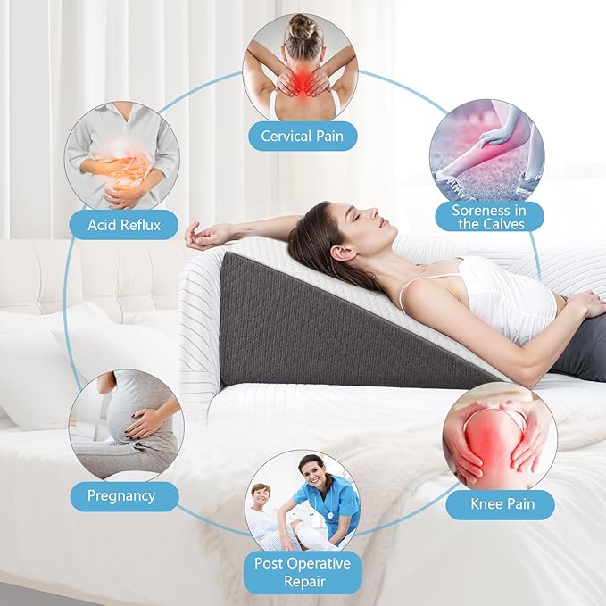 Wedge Pillow for Sleep Apnea, 12 Inch Bed Wedge Pillow for Headboard, Wedge Pillow for Acid Reflux, After Surgery, Snoring, Cooling Memory Foam Top Triangle Pillow Wedge, Removable Cover