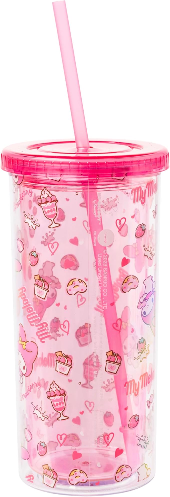 Silver Buffalo Sanrio Hello Kitty and Friends My Melody Strawberry Donut and Milkshake Pattern Plastic Cold Cup with Lid and Straw, 20 Ounces