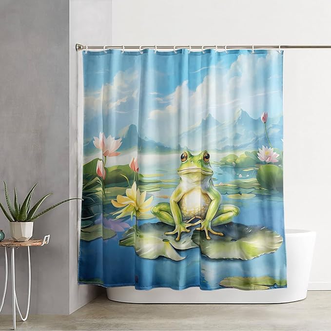AILONEN Cartoon Frog Shower Curtain Set for Bathroom,Kawaii Green Frog Bath Curtain,Amphibian Animal Shower Curtain,Lotus Flower Waterproof Fabric Shower Curtain with Hooks,72" W*96" H