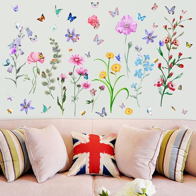Large Flower Wall Decals,Vinyl Butterfly Wildflower Wall Stickers, Removable Wall Murals Peel and Stick Floral Wall Art Decor Wallpaper for Living Room Bedroom Kitchen Office