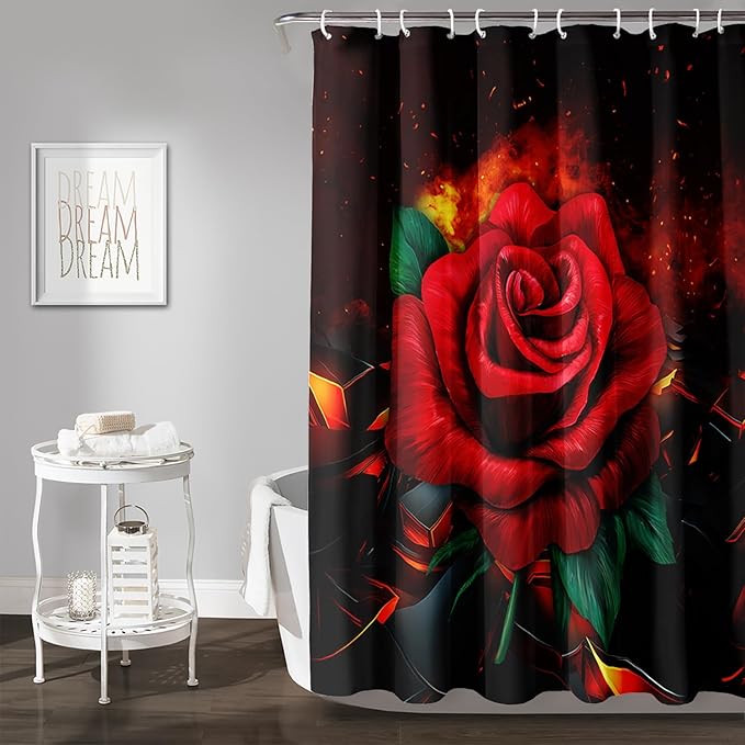 AILONEN Red Rose Shower Curtain for Bathroom, 3D Print Romantic Flower Bath Curtain,Modern Botanical Flame Fire Rose Flower Waterproof Shower Curtain Decoration with 12 Plastic Hooks, 72" W*72" H