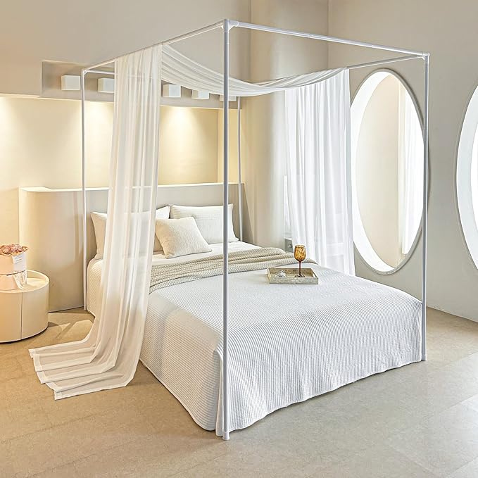 AIKASY White Bed Canopy Scarf for Twin - Luxury Sheer Canopy Bed Curtains with Light - Suitable for Four-Poster Bed, Metal Bed Frame, Wood Bed Frame -1pic