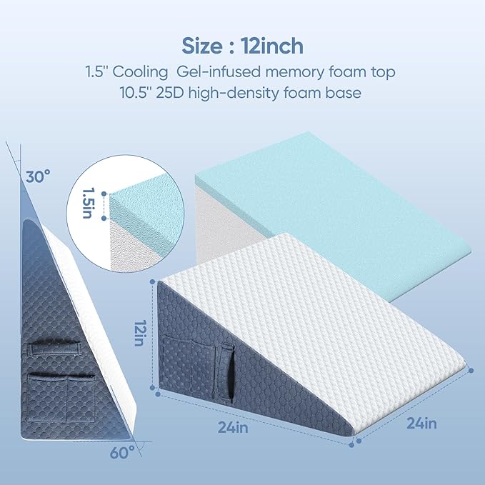 Wedge Pillow with Extra Replaceable Washable Covers, 2024 New 12'' Bed Wedge Pillow for Sleep Apnea, Acid Reflux, Heartburn, GERD, Cooling Memory Foam Top Incline Pillow for Improved Sleep