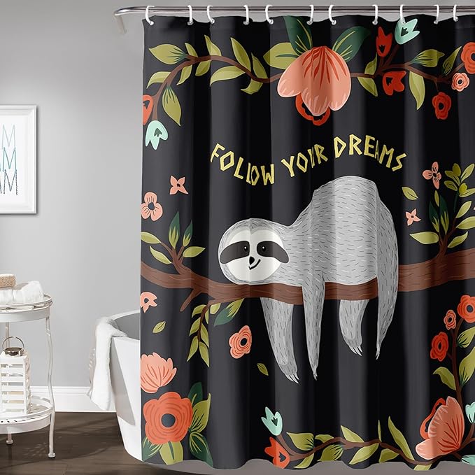 AILONEN Kawaii Sloth Shower Curtain for Bathroom Decor,Floral Sloth Bath Curtain for Kids Boys Girls,Polyester Waterproof 48" W*72" H with 12 Plastic Hooks