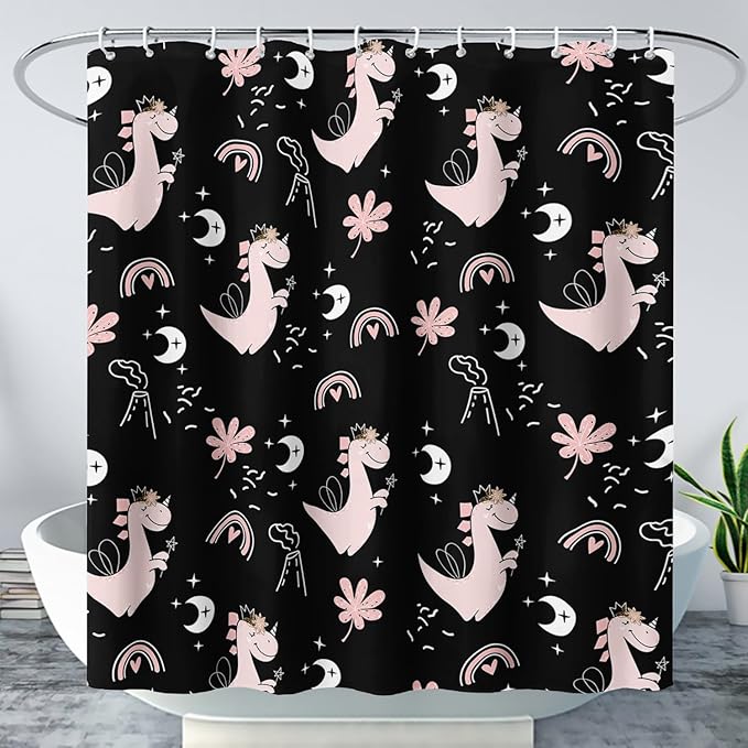 AILONEN Cute Dinosaur Shower Curtain,Cartoon Dinosaur Bath Curtain Gifts for Kids,Polyester Waterproof for Bathroom, 72" W*96" H with 12 Plastic Hooks