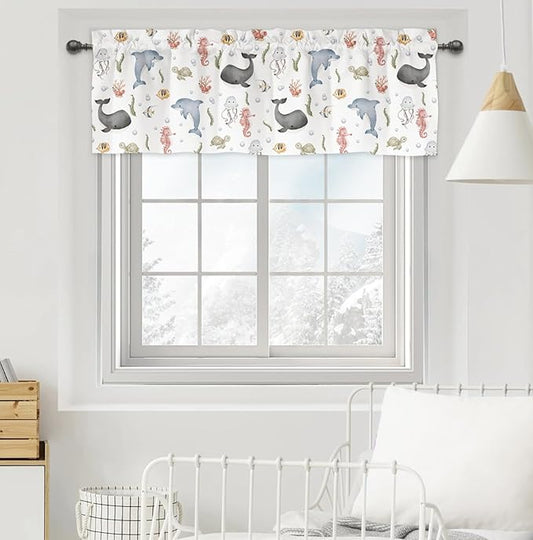 Sea Animals Valances 54''x18'' Whale Dolphin Jellyfish Sea Horse Turtle Fish Coral Kids Toddler Baby Nursery Bedroom Decor Drapes Rod Pocket Short Curtains for Living Room Bathroom Kitchen 1 Pack