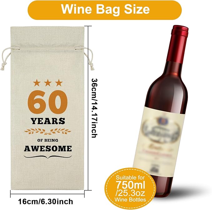 60th Birthday Gifts for Women Men Wine Bag 60 Year Old Birthday Gifts for Her Him 60 Year Work Anniversary Decorations Wine Bottle Decoration Bag Born in 1964 Wine Accessories Gifts for Wine Lovers