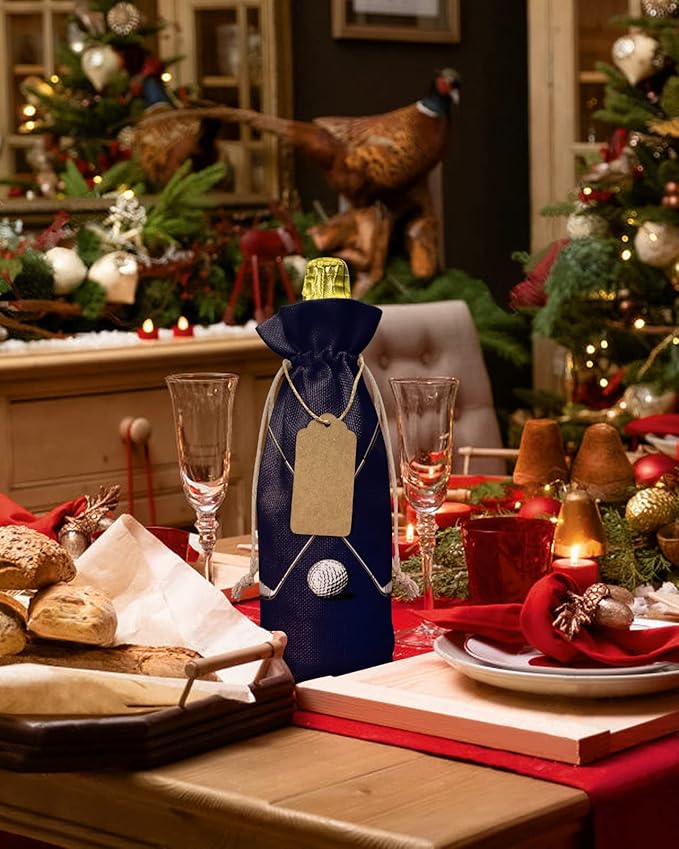 PIEPLE 10 Pack Wine Bottle Bags, Golf Club Wine Bottle Cover with Drawstring, Gift Bag for Champagne, Wedding, Birthday, Christmas, Thanksgiving, Party Golf Sport Navy Blue Modern Abstract Art