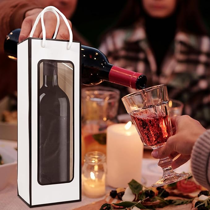 Cyblinia 20 Pack Kraft Paper Wine Bags with Window Wine Gift Bags 14.2 x 4.9 x 3.4 Inch Wine Bottle Bags with Handles Shopping Bags for Christmas, Birthday,Wedding