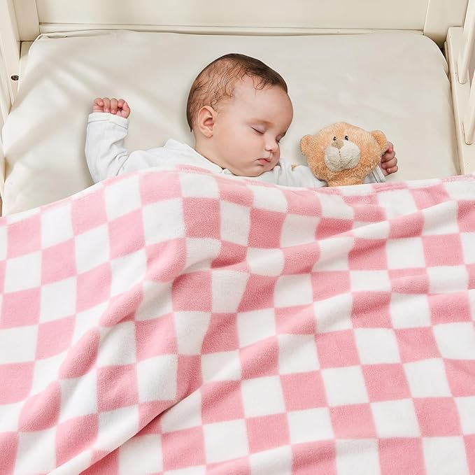 Checkered Baby Blanket for Girls Pink Fleece Baby Blankets for Girls Boys, Warmer Comfort Lightweight Bed Blanket for Toddlers Infants or Newborn, 30''x40'', Pink