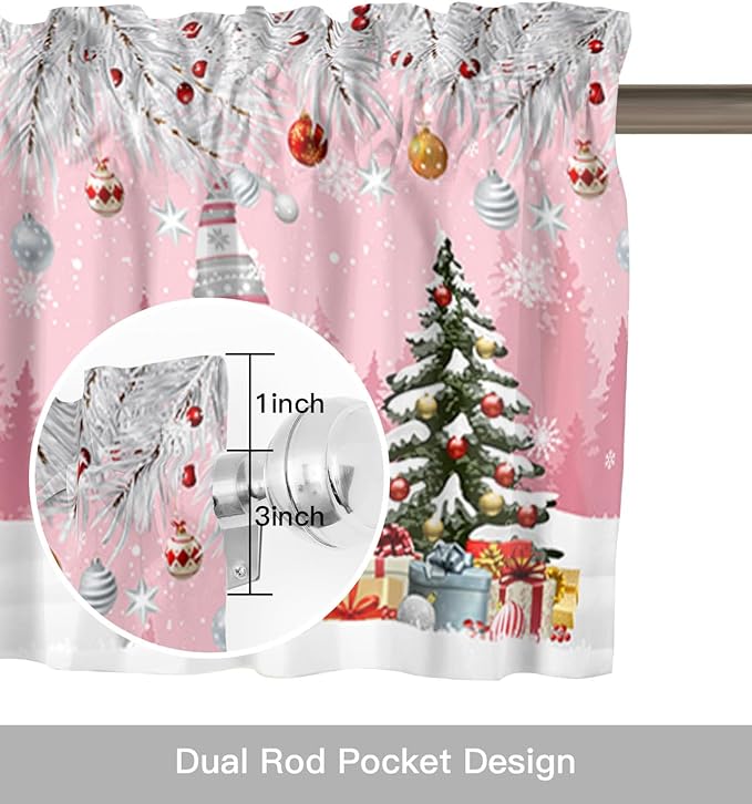 Christmas Gnome Valance Curtains for Kitchen Windows Winter Merry Christmas Tree Balls Rod Pocket Window Treatment Toppers for Kitchen/Living Room/Bedroom/Bathroom, 42" X 18", Pink