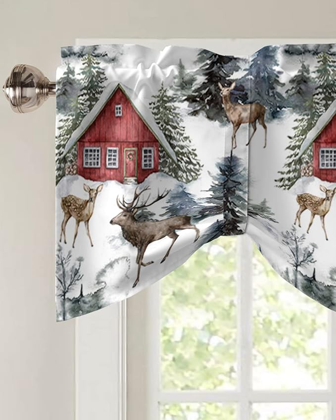 Christmas Blackout Tie Up Valance Curtains for Kitchen Windows Red Farmhouse Barn Window Toppers Balloon Shades for Living Room/Bathroom/Bedroom,1 Panel,42" X 12" Elk