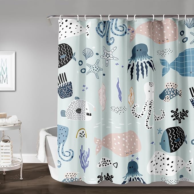 AILONEN Cartoon Ocean Life Shower Curtain for Kids 72" W*96" H Inch,Kawaii Fish Whales Octopuses Pattern Shower Curtain,Ocean Life Theme 12 Pack Hooks Polyester Waterproof Fabric Decor for Bathroom