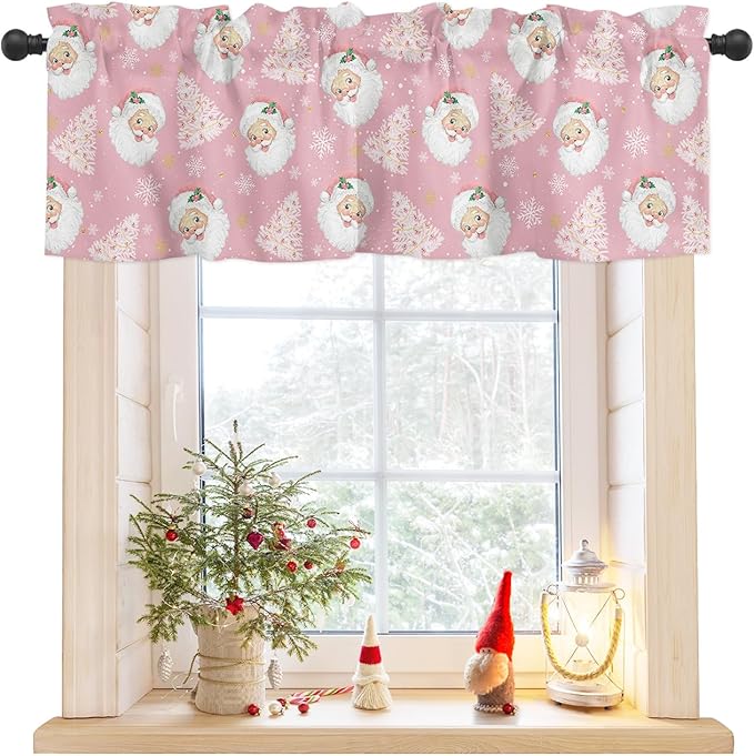 Pink Christmas Valance Curtains for Kitchen Windows Santa Claus Merry Christmas Tree Rod Pocket Window Treatment Toppers for Kitchen/Living Room/Bedroom/Bathroom, 42" X 12", Winter Snowflake