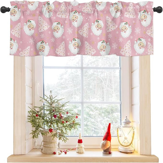 Pink Christmas Valance Curtains for Kitchen Windows Santa Claus Merry Christmas Tree Rod Pocket Window Treatment Toppers for Kitchen/Living Room/Bedroom/Bathroom, 42" X 12", Winter Snowflake