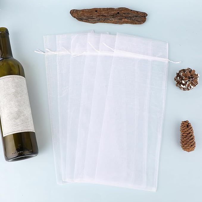 Trinkrittey 30 Pcs Organza Wine Bags 14.6" x5.5" White Organza Wine Bags Wine Bottle Gift Bags with Drawstrings Sheer Mesh Wine Gift Pouches for Wedding Festival Party Birthday