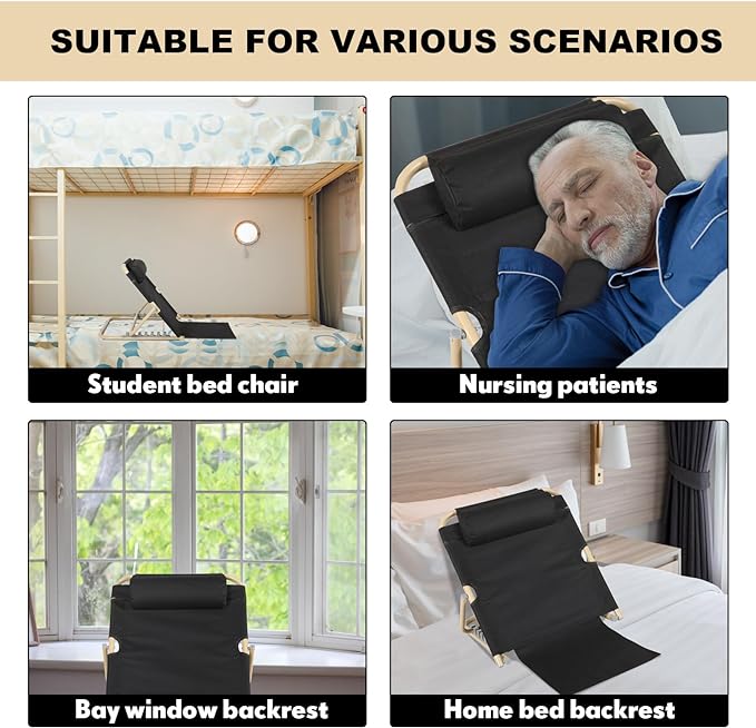 Lifting Bed Backrest Portable Folding Adjustable Sit up Back Rest Multifunction Chair for Bed Change Angle of Backrest for Elderly Patients Back Neck Lumbar Support (Black,23.6 Inch)