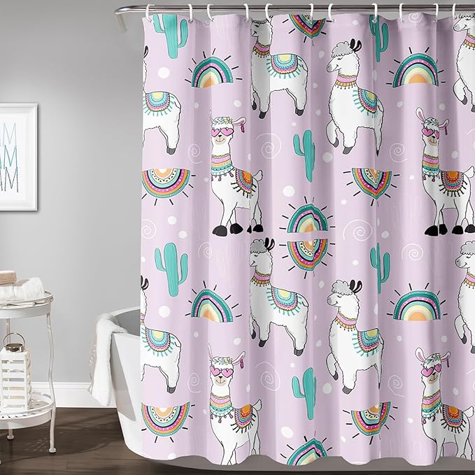 AILONEN Cool Llama Shower Curtain,Purple Desert Cactus Llama Bath Curtain,Polyester Water for Bathroom with 12 Plastic Hooks,60" W*72" H Purple