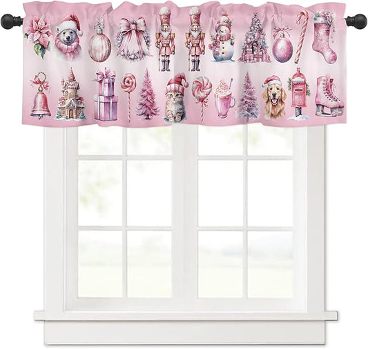 Pink Christmas Window Valance for Kitchen Living Room, Nutcracker Themed Window Curtain for Bedroom Bathroom, Winter Windows Valance Rod Pocket Window Treatment, Christmas Decors, 54" W x 18" L