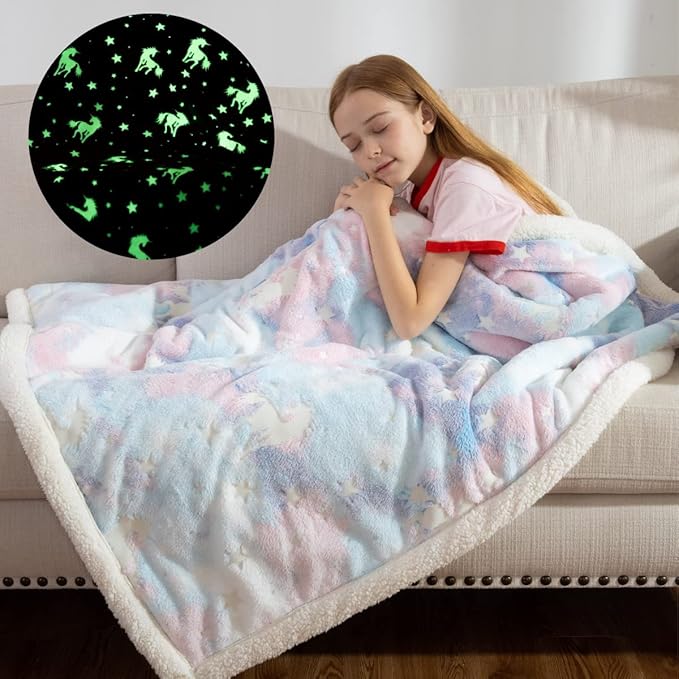COSUSKET Glow in The Dark Blanket for Kids, Unicorn Luminous Birthday Super Soft Fuzzy Plush Sherpa Furry Fleece Colorful Throw Blanket 50"x60" Boys Girls Gifts