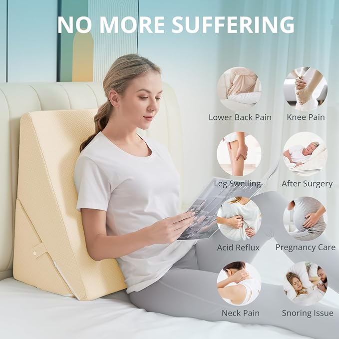 Sasttie Wedge Pillow for Sleep Apnea, 10 Inch Adjustable Bed Wedge Pillow for Back Pain, Acid Reflux Relief, Memory Foam Triangle Pillow Wedge for Sleeping, Post Surgery, Knee Elevation, Beige