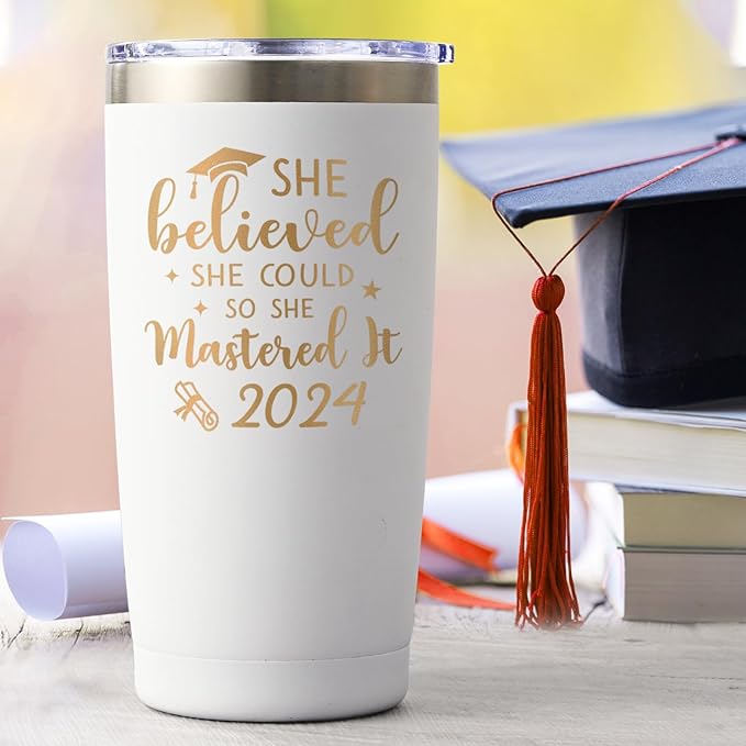 Lifecapido Graduation Gifts, Masters Degree Graduation Gifts, College Graduation Gifts for Her, Graduation 20oz Insulated Tumbler, Inspirational Gifts with Key Chain for Women Sister Friends, White