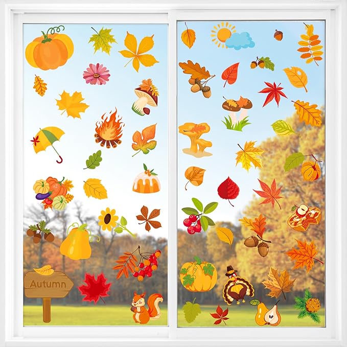 Fall Window Clings Autumn Maple Leaf Window Static Stickers Double-Sided Leaves Pumpkin Turkey Window Door Cling Removable Reusable Window Stickers Thanksgiving Party Window Door Decor