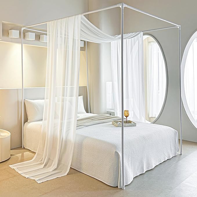 AIKASY White Bed Canopy Scarf for King - Luxury Sheer Canopy Bed Curtains with Light - Suitable for Four-Poster Bed, Metal Bed Frame, Wood Bed Frame -1pic