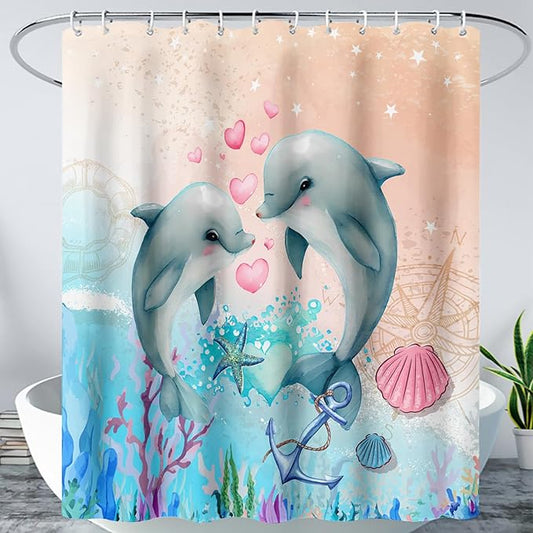 AILONEN Catrtoon Dolphin Shower Curtain Bathroom 36" W*72" H Kawaii Jumping Dolphin Curtain Cloth Fabric Bathroom for Kids Girls,Ocean Theme Shower Curtain Set