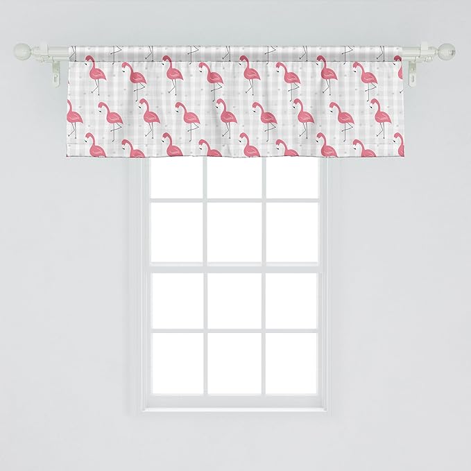Ambesonne Pink Flamingo Window Valance, Cartoon Birds on Pastel Colored Checkered Background Wild Nature, Curtain Valance for Kitchen Bedroom Decor with Rod Pocket, 42" x 18", Pale Grey Coral Black