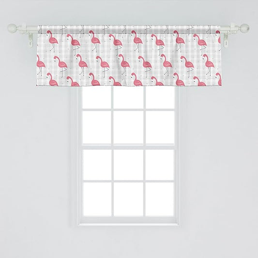 Ambesonne Pink Flamingo Window Valance, Cartoon Birds on Pastel Colored Checkered Background Wild Nature, Curtain Valance for Kitchen Bedroom Decor with Rod Pocket, 42" x 18", Pale Grey Coral Black