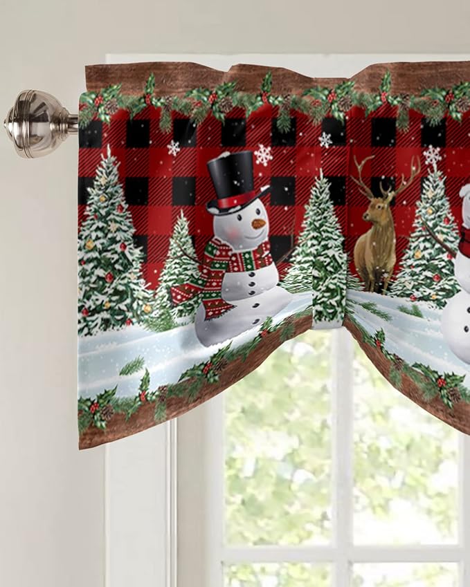 Christmas Snowman Blackout Tie Up Valance Curtains for Kitchen Windows Christmas Tree Window Toppers Balloon Shades for Living Room/Bathroom/Bedroom,1 Panel,42" X 12" Red Xmas Snowy Winter