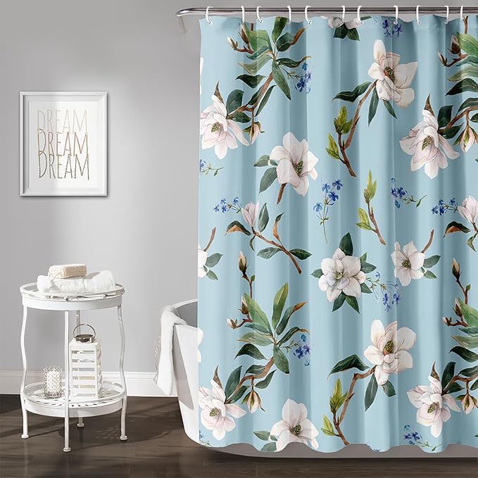 AILONEN Flower Shower Curtain, White Gardenia on Blue Background Fabric Shower Curtains for Bathroom,Elegant Floral Pattern Shower Curtain Set for Girls Women Couple,48" W*72" H