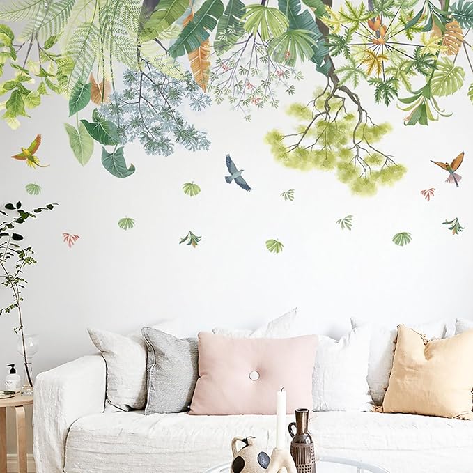 Green Plant Top Line Wall Stickers Garden Flower Wall Art Decals Tropical Plant Birds Wall Decals for Living Room Bedroom Nursery Kitchen Skirting Board Art Decorations