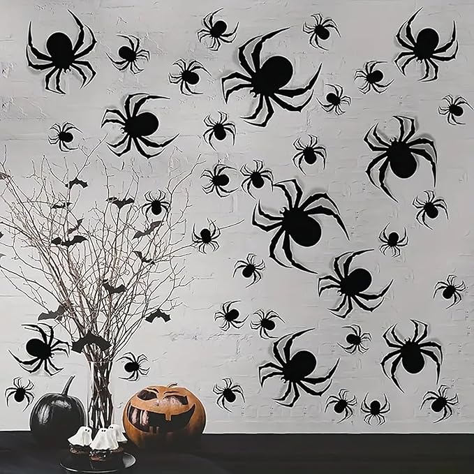Halloween Wall Stickers 24Pcs Spider Wall Decor 3D Self Adhesive Halloween Wall Decals Horror Black Spiders Wall Decorations Reusable Window Stickers for Halloween Party Home Room Art DIY Accessories
