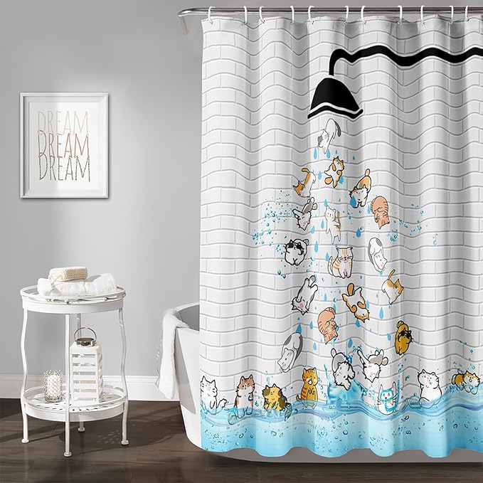 AILONEN Cute Cat Shower Curtain for Kids 36" W*72" H Inch,Colorful Animals Playing Water Kids Lovely Funny Hilarious Shower Curtain,12 Pack Hooks Polyester Waterproof Fabric Decor for Bathroom