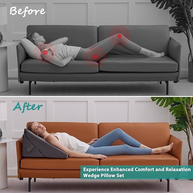 Wedge Pillow for Sleeping, Adjustable 9&12 Inch Foldable Bed Wedge Pillow Set, Orthopedic Memory Foam Triangle Pillow Wedge, 7-in-1 Elevated Pillows for Leg and Back Support, Velvet