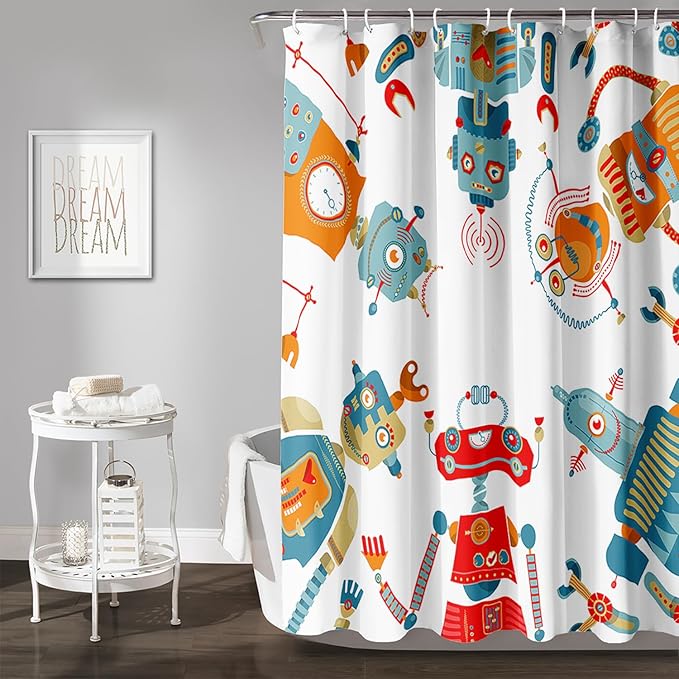 AILONEN Kawaii Robots Shower Curtain,Cartoon Robot Waterproof Fabric Shower Curtain Set for Boys Teens Kids, 72" W*84" H Watercolor Robot Bathroom Decors