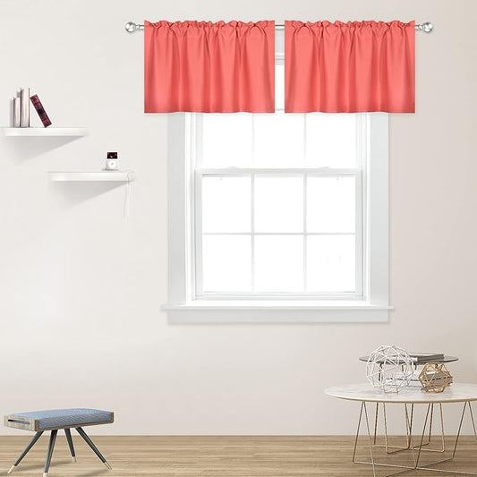 Coral Valance for Windows 42x18 Inch Solid Thermal Insulated Blackout Rod Pocket Kitchen Short Curtain Toppers Valance for Bathroom Living Room 2 Panels