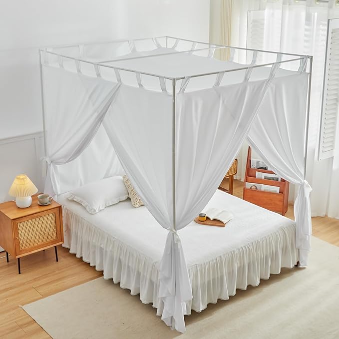 AIKASY White Canopy Bed Curtains with Top Ties and Tie Backs for Bedroom Decoration - Queen Size Bed Curtains with Windproof and Lightproof Features