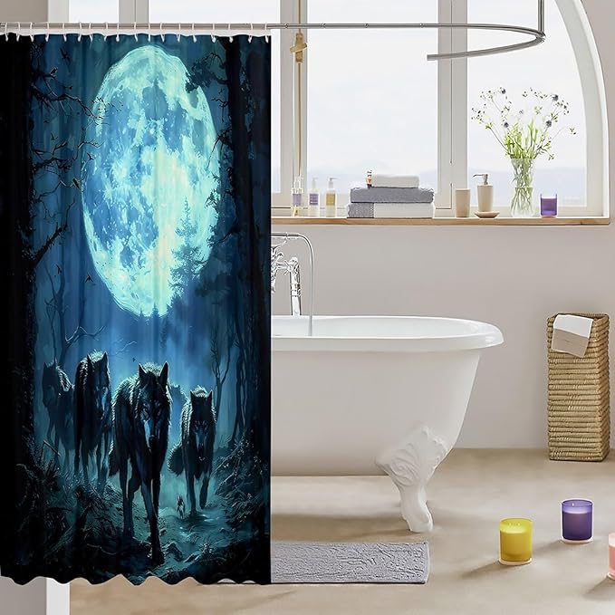 Feelyou Wolf Shower Curtain Wolves Howling Bath Curtain for Kids Blue woles Bathroom Shower Curtain Set Animal Wolves Kids Bathroom Accessories 72"x72"