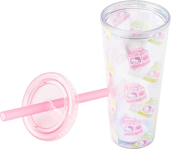 Silver Buffalo Sanrio Hello Kitty Milk Carton Pattern Plastic Boba Tumbler w Lid and Wide Straw, 24 Ounces